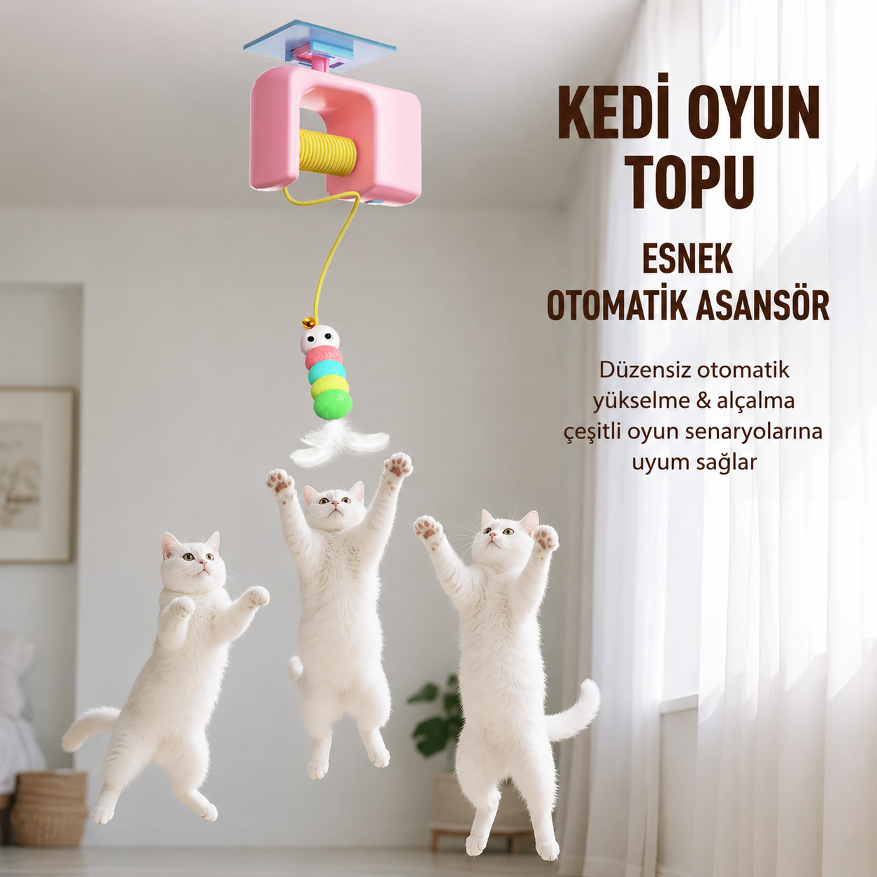 Otomatik Hareketli Kedi Oyuncağı – Tavana Yapışkanlı Zıplayan ve İnip Çıkan Top