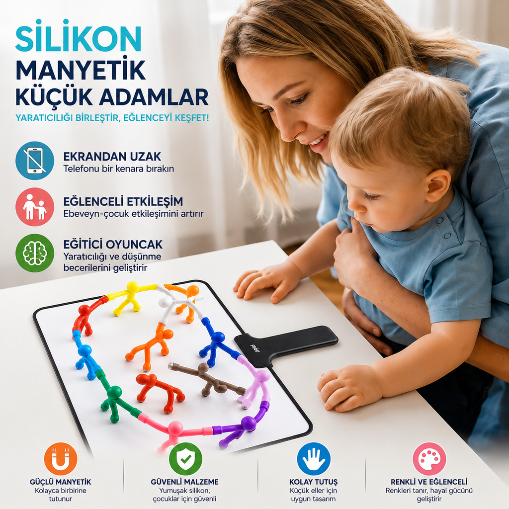 8’li Manyetik Silikon Küçük Adam Seti – Renkli Eğitici ve Yaratıcı Oyuncak