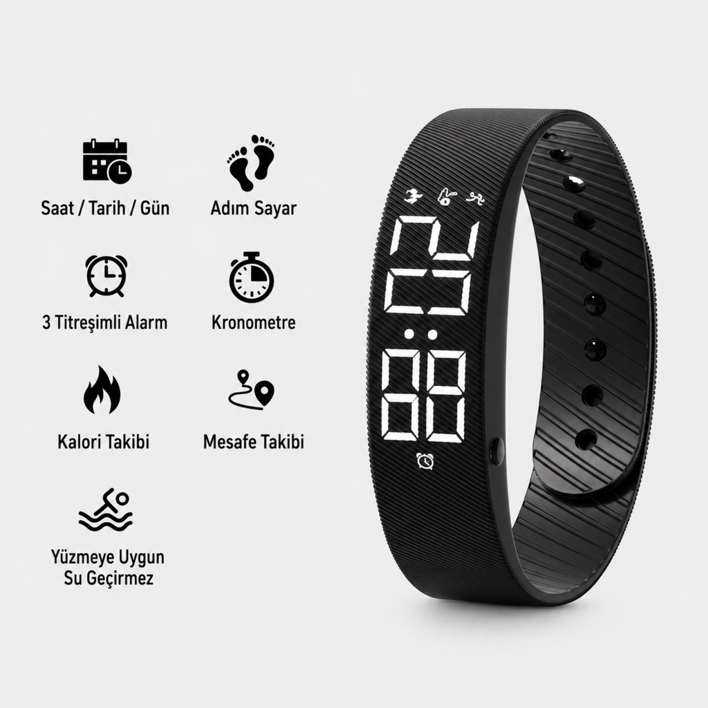 Alarm ve Adım Sayarlı Titreşimli Akıllı LED Bileklik