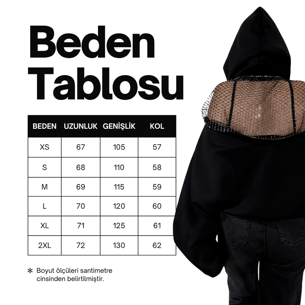Fermuarlı Sırt Detaylı Taş File Kapüşonlu Sweatshirt