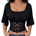 Dantel Bel Detaylı Kare Yaka Crop Bluz