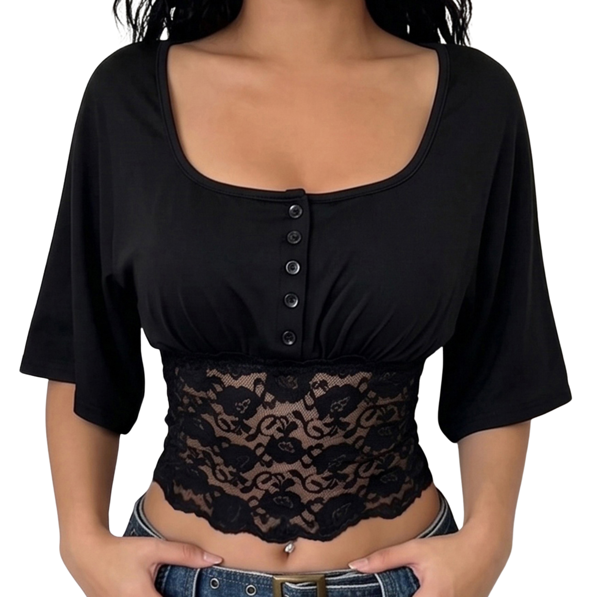 Dantel Bel Detaylı Kare Yaka Crop Bluz