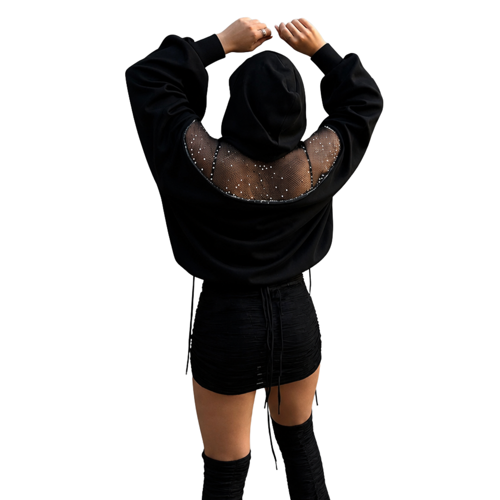 Fermuarlı Sırt Detaylı Taş File Kapüşonlu Sweatshirt