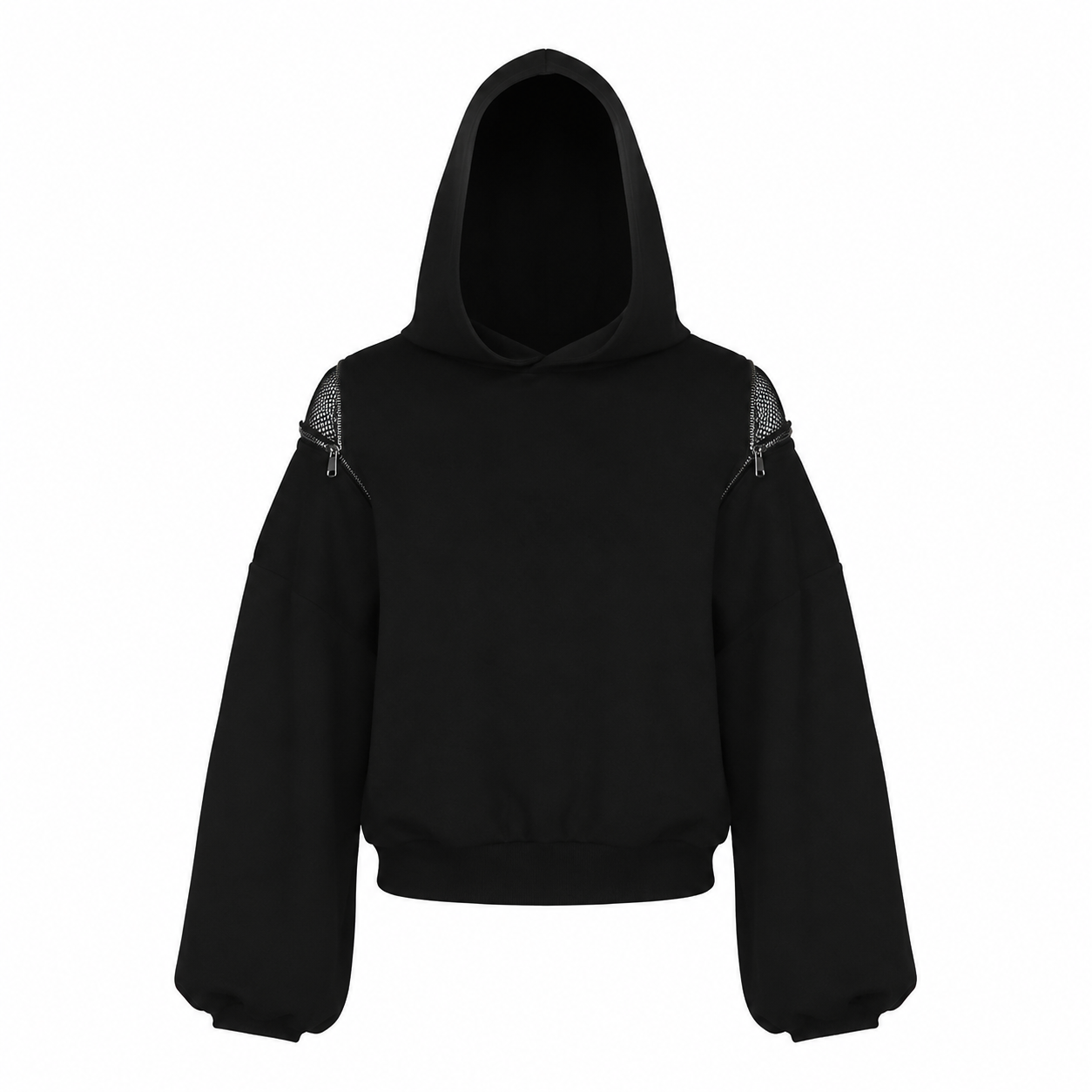 Fermuarlı Sırt Detaylı Taş File Kapüşonlu Sweatshirt