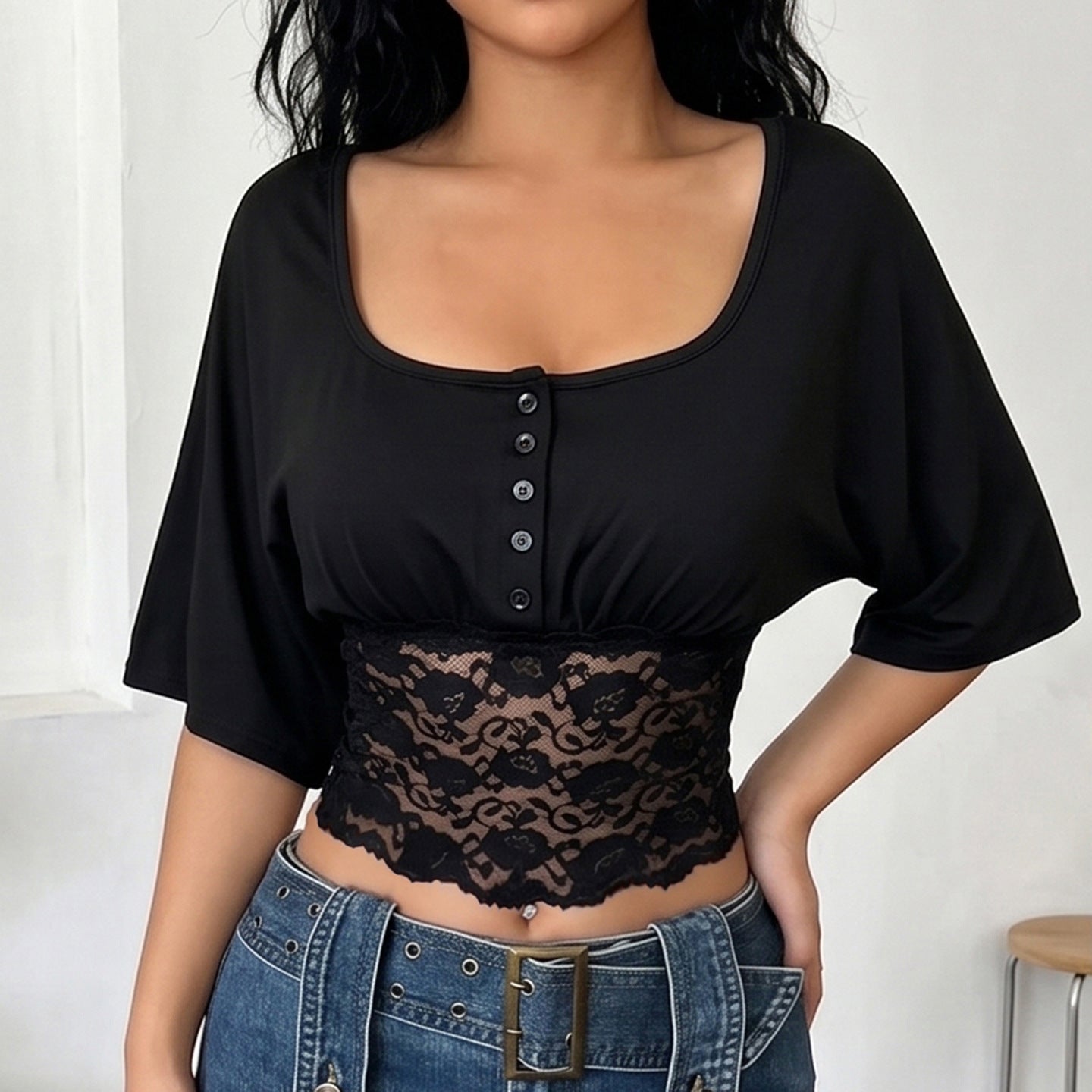 Dantel Bel Detaylı Kare Yaka Crop Bluz