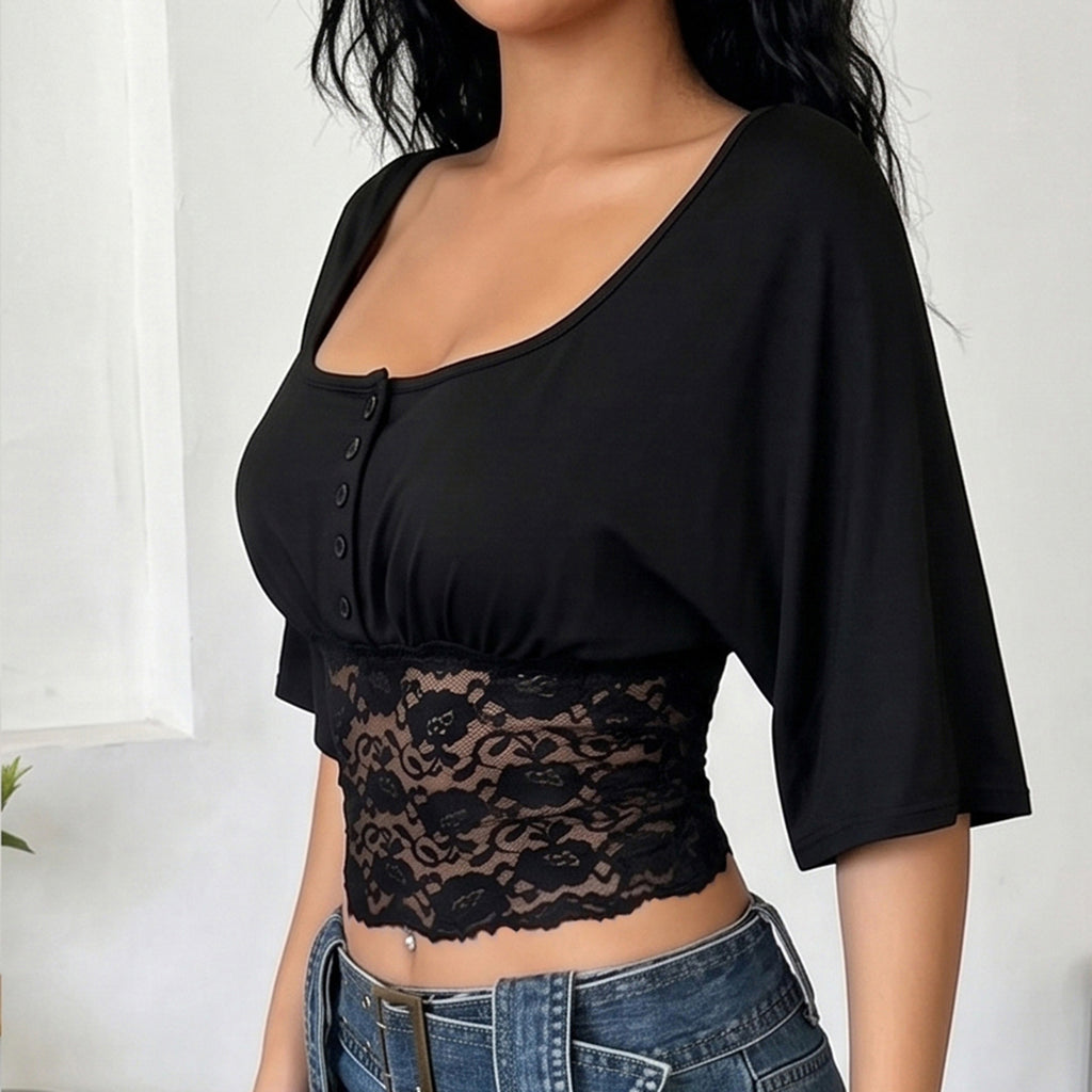 Dantel Bel Detaylı Kare Yaka Crop Bluz